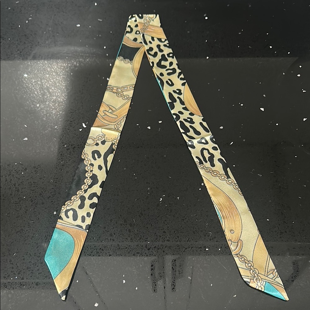 NEW Leopard & Gold Chain Link Print Silk Scarf Twilly- Gold and Teal